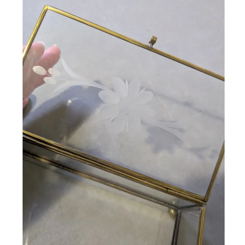 Vintage Brass & Glass Trinket Box Etched Floral Lid Jewelry Case Vanity Decor